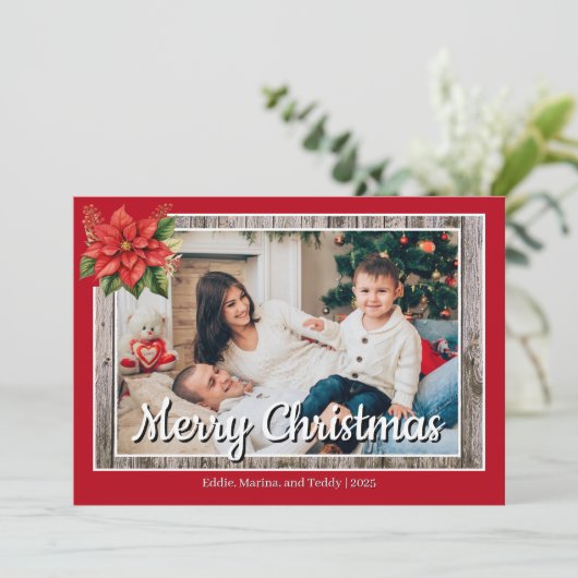 Rustic Wood Red Family 4 Foto Frohe Weihnachten (Stehend Vorderseite)