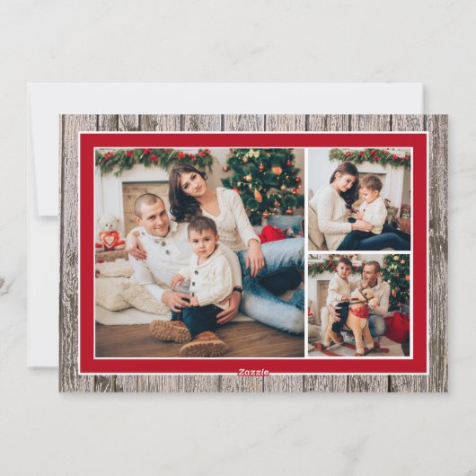 Rustic Wood Red Family 4 Foto Frohe Weihnachten (Rückseite)