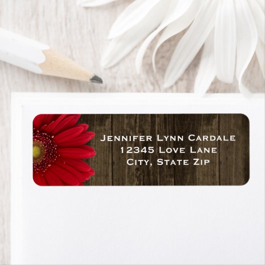 Rustic Wood Red Gerber Daisy Address Labels (Insitu)