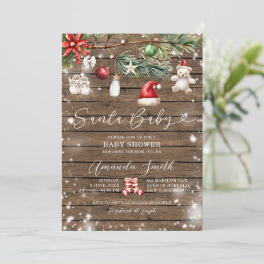Rustic Wood Santa Baby Frohe Weihnachtsdusche Einladung (Stehend Vorderseite)
