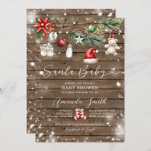 Rustic Wood Santa Baby Frohe Weihnachtsdusche Einladung (Vorne/Hinten)