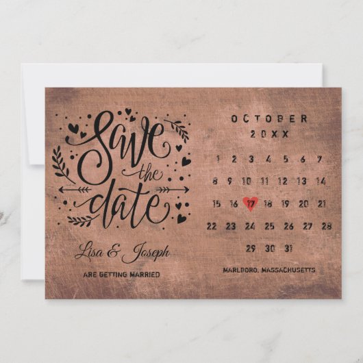 Rustic Wood Save the Date Calendar Red Heart Einladung (Vorderseite)