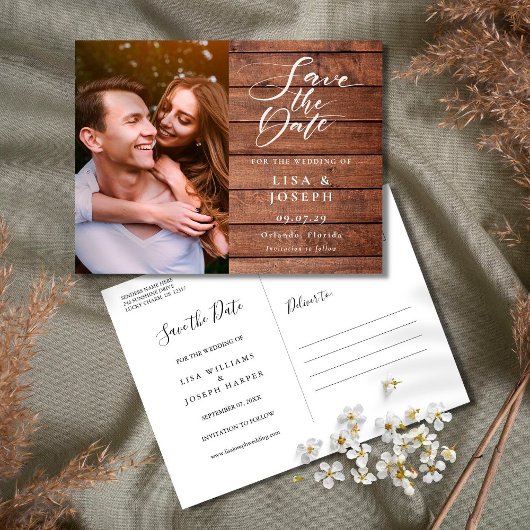 Rustic Wood Script-Foto Hochzeit speichern Sie das Postkarte