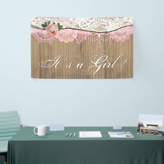 Rustic Wood Shabby Chic Lace Girl Babydusche Banner (Messeveranstaltung)