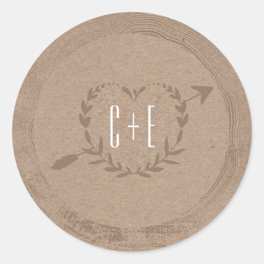 Rustic Wood Slice | Monogramm-Aufkleber Runder Aufkleber (Vorderseite)