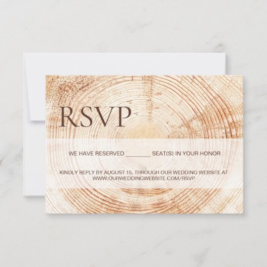 Rustic Wood Slice Tree Ring Wedding reserved seats RSVP Karte (Vorderseite)