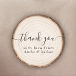 Rustic Wood Slice Wedding Thank You Runder Aufkleber<br><div class="desc">Add a cozy finishing touch to your favors and envelopes with this rustic wedding thank-you sticker featuring a natural wood slice tree ring design and modern script “thank you” text. Personalize the bottom line with your names, wedding date, or short message to create custom labels that match woodsy, barn, and...</div>