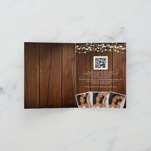 Rustic Wood String lights 3 Photos QR Code Wedding Einladung (Innenseite)
