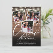 Rustic Wood String Lights 4 Foto Graduation Party Einladung (Stehend Vorderseite)