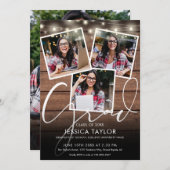 Rustic Wood String Lights 4 Foto Graduation Party Einladung (Vorne/Hinten)