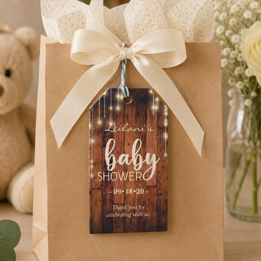 Rustic Wood String Lights Baby Dusche Vielen Dank Geschenkanhänger