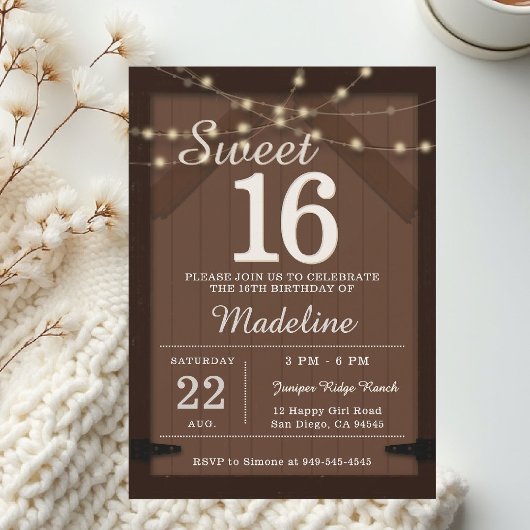 Rustic Wood String Lights Barn Door Chic Sweet 16 Einladung