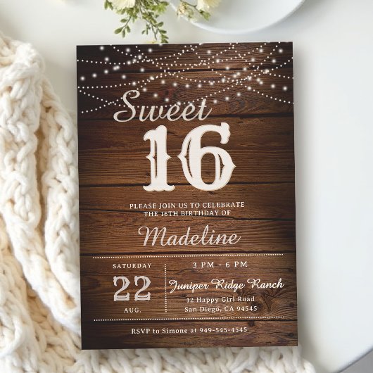 Rustic Wood String Lights Barn Elegant Sweet 16 Einladung