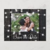 Rustic wood string lights barn save date wedding ankündigungspostkarte (Vorderseite)