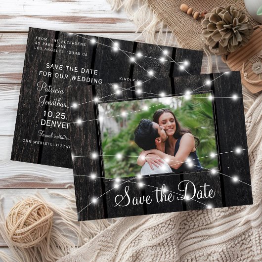 Rustic wood string lights barn save date wedding ankündigungspostkarte