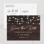 Rustic Wood String Lights Elegant Script Wedding Ankündigungspostkarte (Vorne/Hinten)