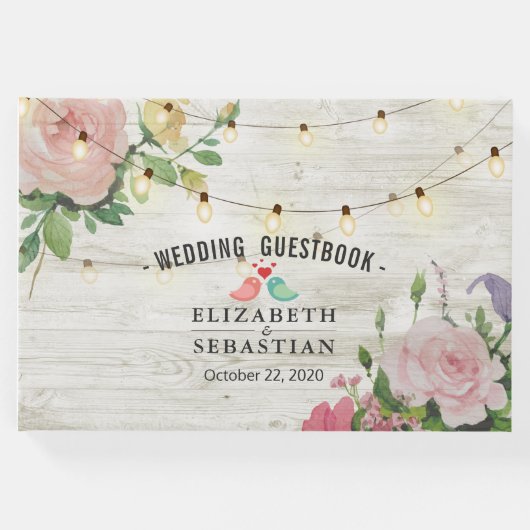 Rustic Wood String Lights Floral Wedbook Gästebuch (Vorderseite)