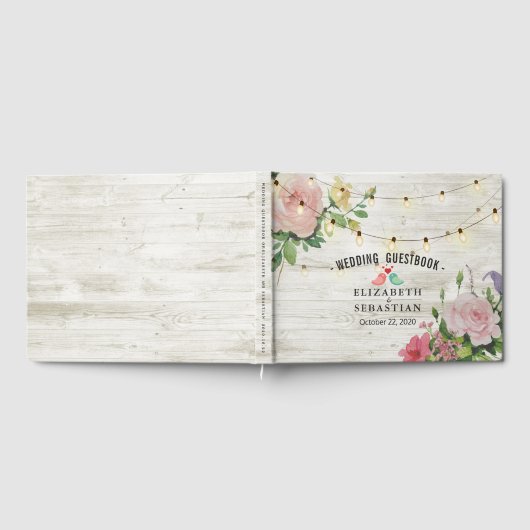 Rustic Wood String Lights Floral Wedbook Gästebuch (Voll)