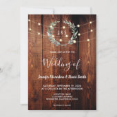 Rustic wood string lights monogram country Wedding Einladung (Vorderseite)