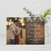Rustic Wood String Lights Photo QR code Wedding Einladung (Stehend Vorderseite)