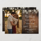 Rustic Wood String Lights Photo QR code Wedding Einladung (Vorne/Hinten)