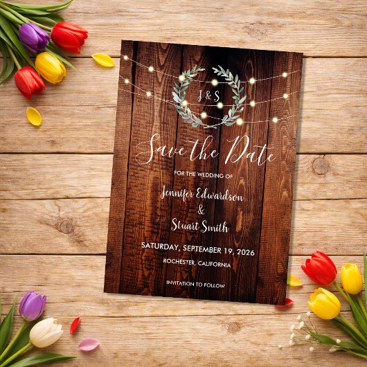 Rustic wood string lights Save the Date Magneteinladung