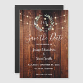 Rustic wood string lights Save the Date Magneteinladung (Vorne/Hinten)