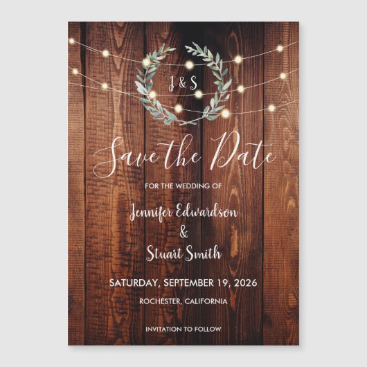 Rustic wood string lights Save the Date Magneteinladung (Vorderseite)