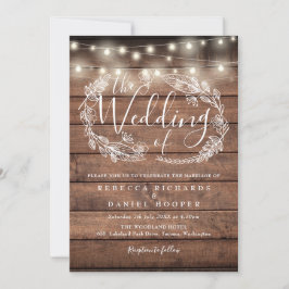 Rustic Wood String Lights Script Foto Wedding Einladung