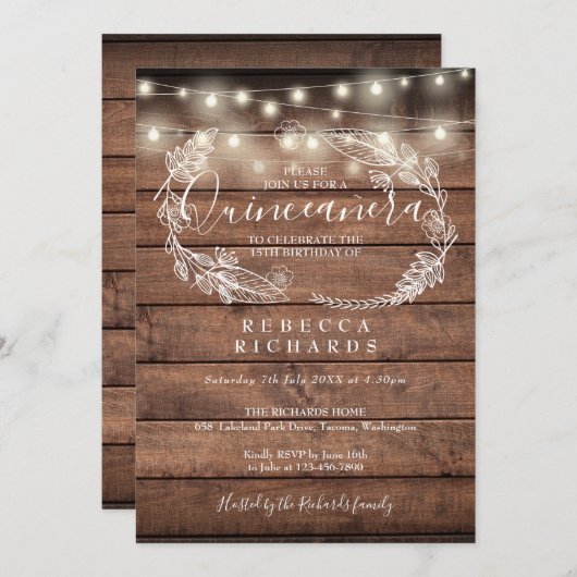 Rustic Wood String Lights Script Quinceañera 15. Einladung (Vorne/Hinten)