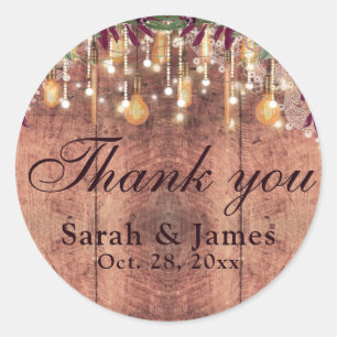 Rustic Wood & String Lights Wedding danke Runder Aufkleber