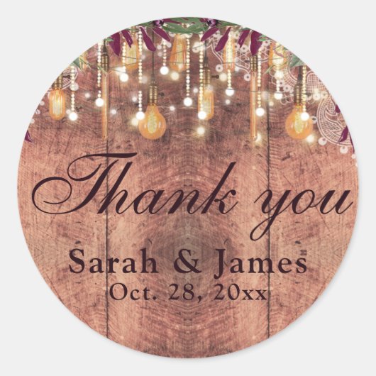 Rustic Wood & String Lights Wedding danke Runder Aufkleber (Vorderseite)