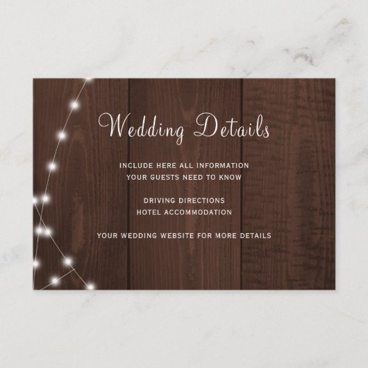 Rustic wood string lights wedding guest details begleitkarte (Vorderseite)