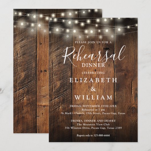 Rustic Wood String Lights Wedding Rehearsal Dinner Einladung (Vorne/Hinten)