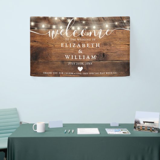 Rustic Wood String Lights Wedding Welcome Banner (Messeveranstaltung)