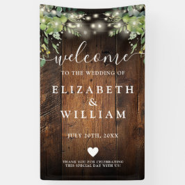 Rustic Wood String Lights Wedding Welcome Banner