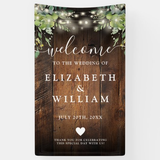 Rustic Wood String Lights Wedding Welcome  Banner (Vertikal)