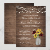 Rustic Wood Sunblumen Burgundy Mason Jar Wedding Einladung (Vorne/Hinten)