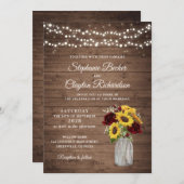 Rustic Wood Sunblumen Burgundy Mason Jar Wedding Einladung (Vorne/Hinten)