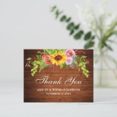 Rustic Wood Sunflower Blues Hochzeit Vielen Dank Postkarte (Stehend Vorderseite)
