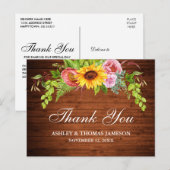 Rustic Wood Sunflower Blues Hochzeit Vielen Dank Postkarte (Vorne/Hinten)
