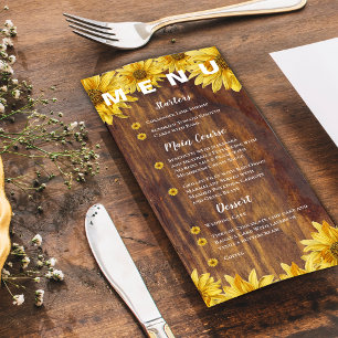 Rustic Wood Sunflower Bright Yellow Wedding Party Menükarte