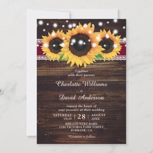 Rustic Wood Sunflower Burgundy Einladung Hochzeit (Vorderseite)