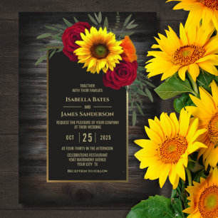 Rustic Wood Sunflower Burgundy Rose Wedding Einladung