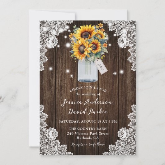 Rustic Wood Sunflower Mason Jar Wedding Einladung (Vorderseite)