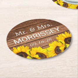 Rustic Wood Sunflower Mr. und Mrs. Gastgeschenk Ho Runder Pappuntersetzer