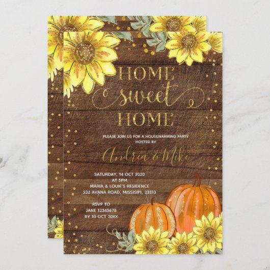 Rustic Wood Sunflower Pumpkin Housewarming Party Einladung (Vorne/Hinten)