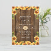 Rustic Wood Sunflower Wedding Invitation Einladung (Stehend Vorderseite)