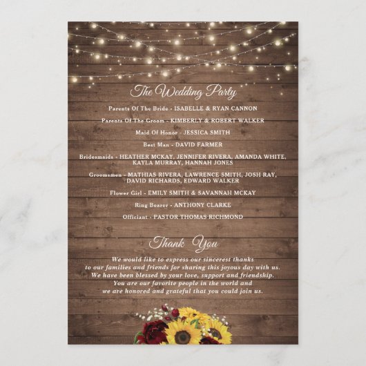 Rustic Wood Sunflowers Burgundy Wedding Program Programm (Rückseite)