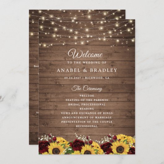 Rustic Wood Sunflowers Burgundy Wedding Program Programm (Vorne/Hinten)